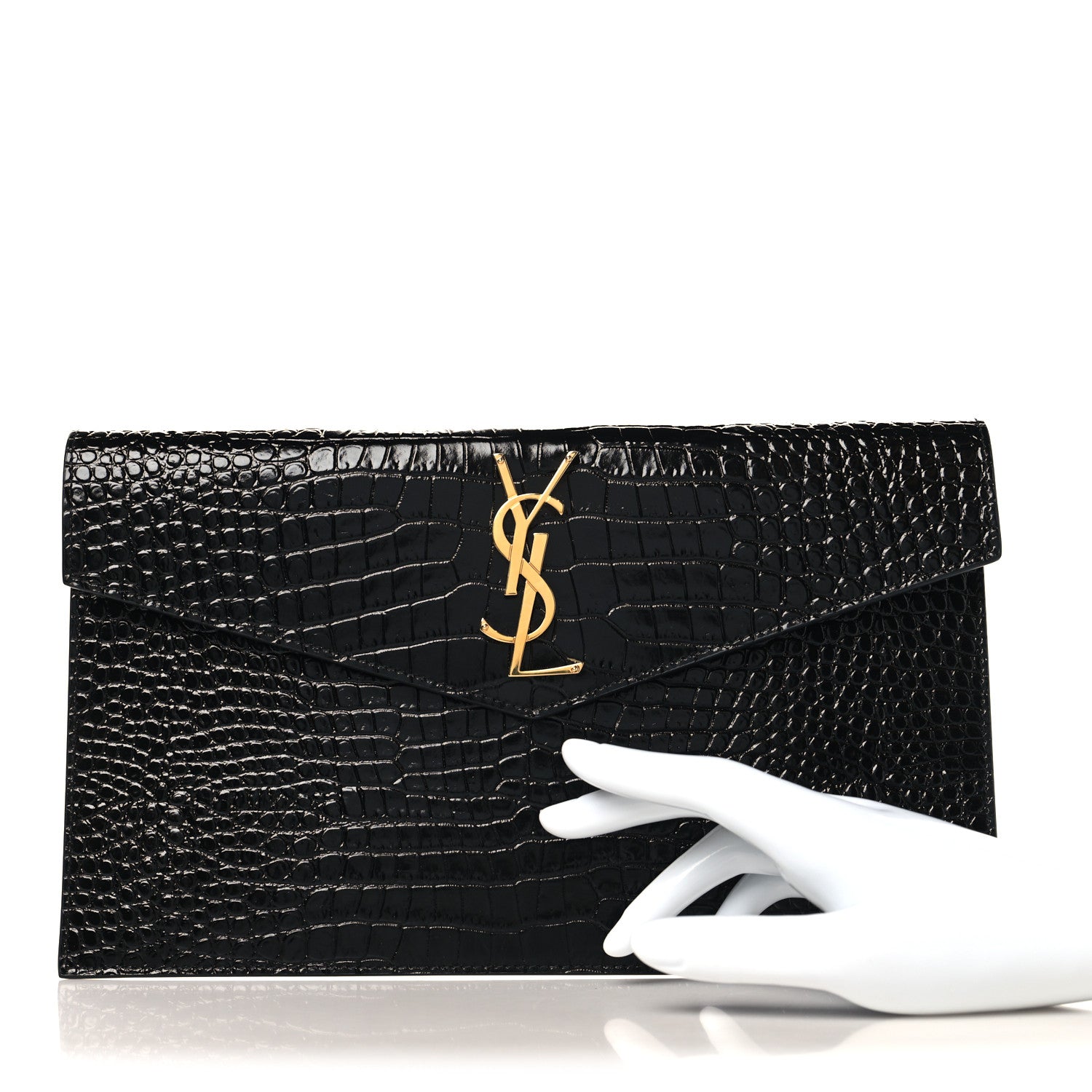 Saint Laurent Calfskin Crocodile Embossed Uptown Monogram Pouch Black 2 of 7