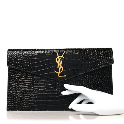 Saint Laurent Calfskin Crocodile Embossed Uptown Monogram Pouch Black 2 of 7
