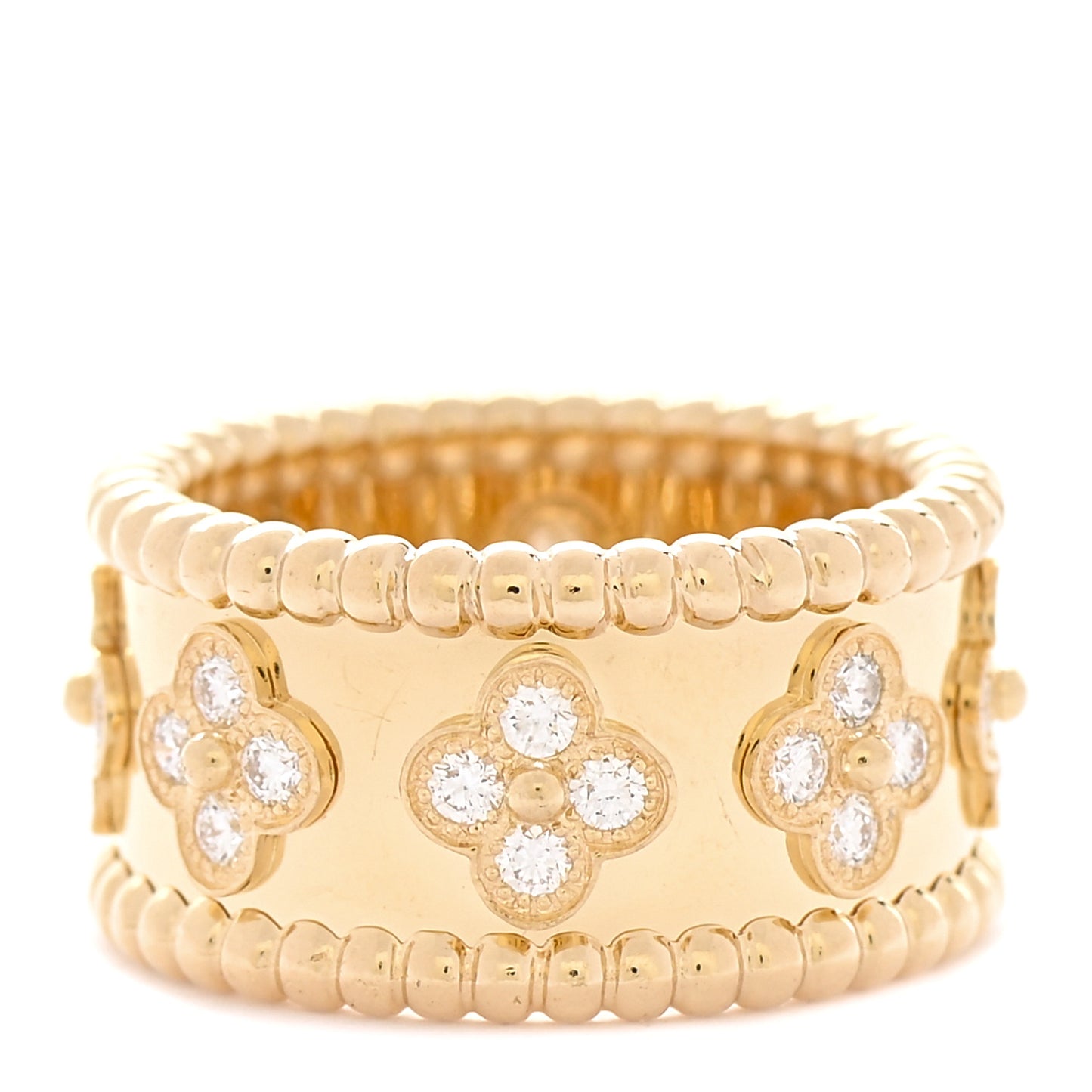 18K Yellow Gold Diamond Perlee Clovers Ring 52 6