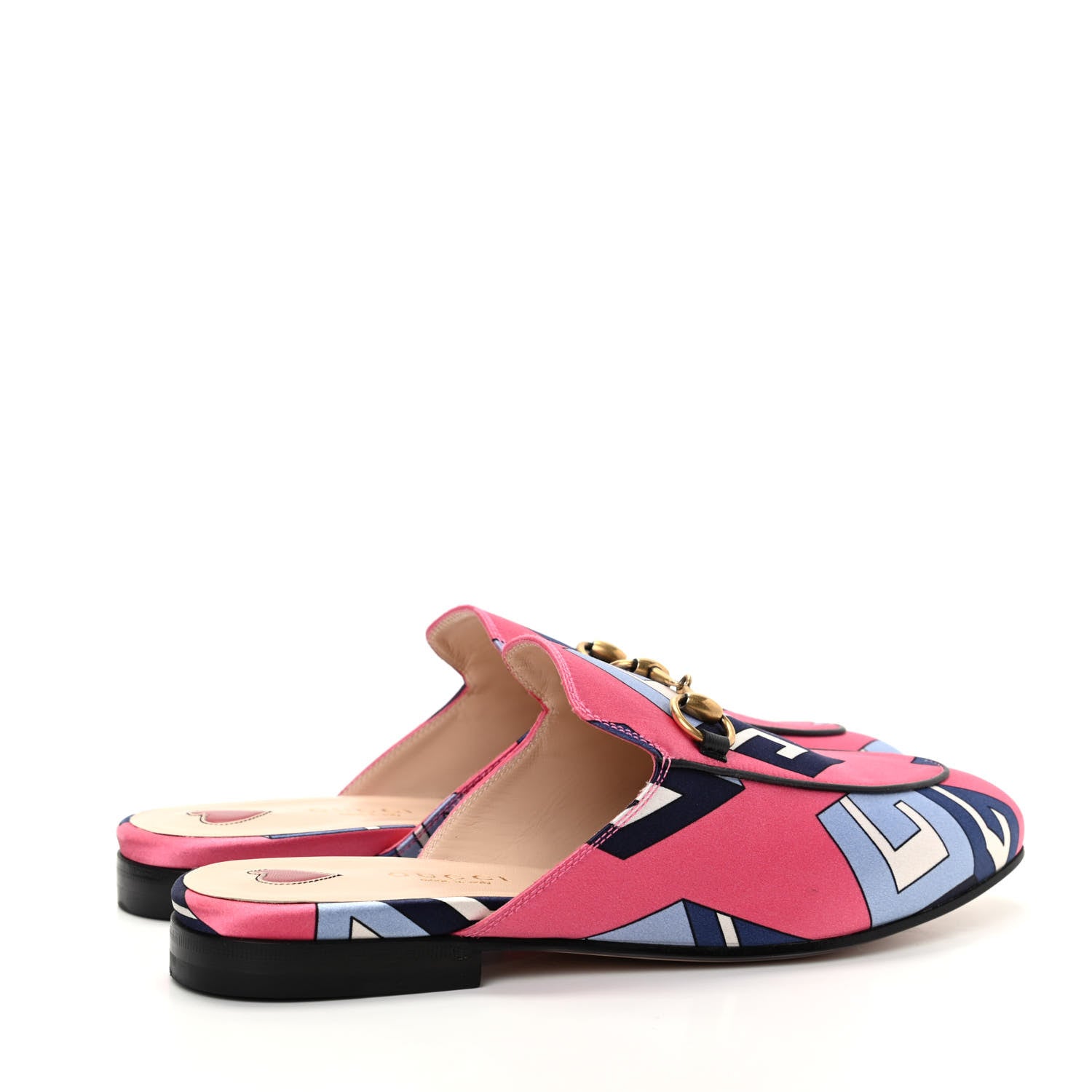 Gucci Satin GG Wallpaper Womens Princetown Slippers 35 Pink Flamboyant Blue Black 4 of 11