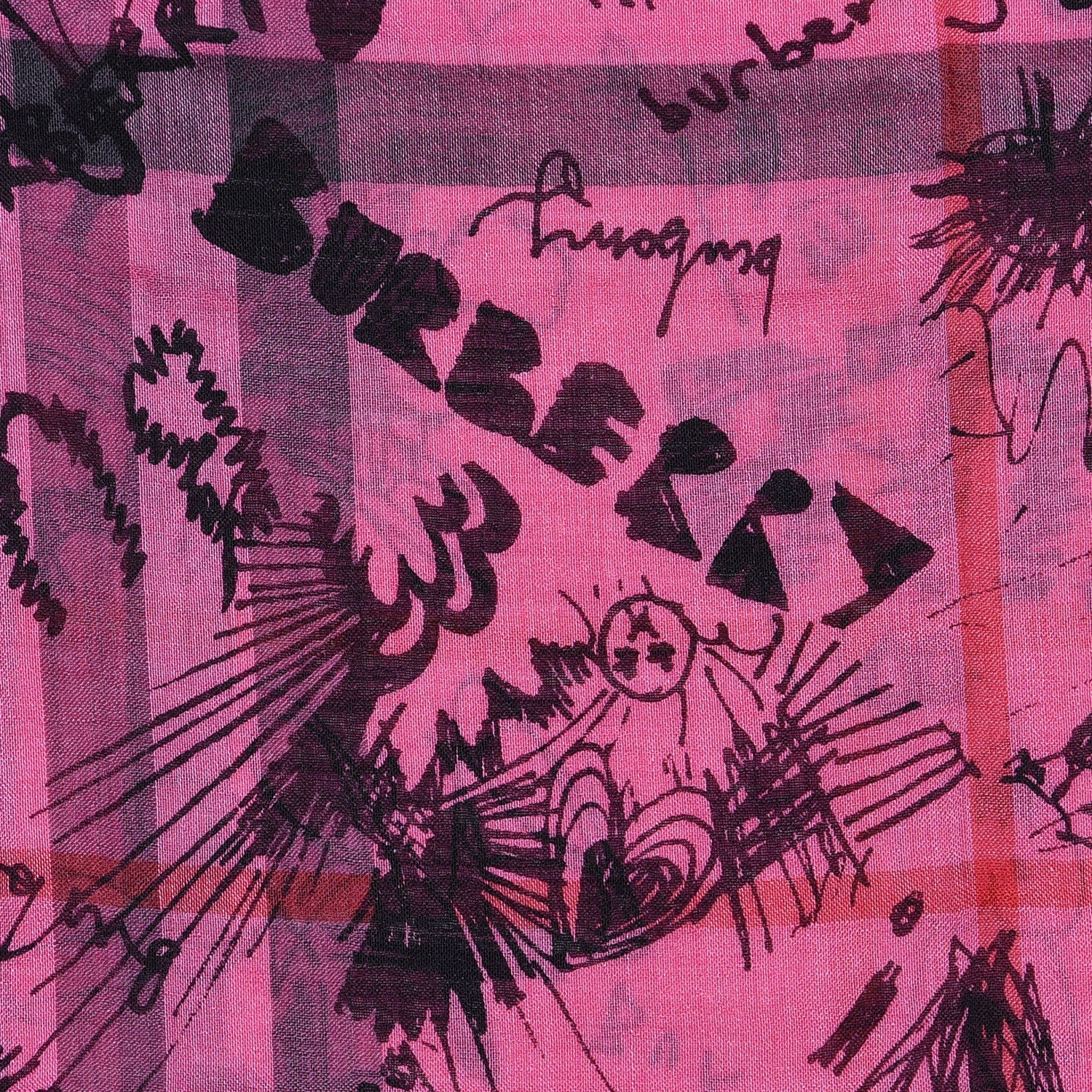 Burberry Wool Silk Gauze Giant Check Doodle Text Print Scarf Neon Pink 4 of 5
