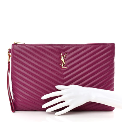 Saint Laurent Calfskin Matelasse Chevron Monogram Document Holder Dark Grape 2 of 14