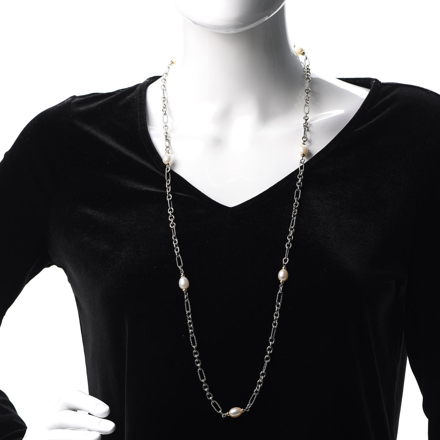 Sterling Silver 18K Yellow Gold Baroque Pearl Long Figaro Chain Necklace