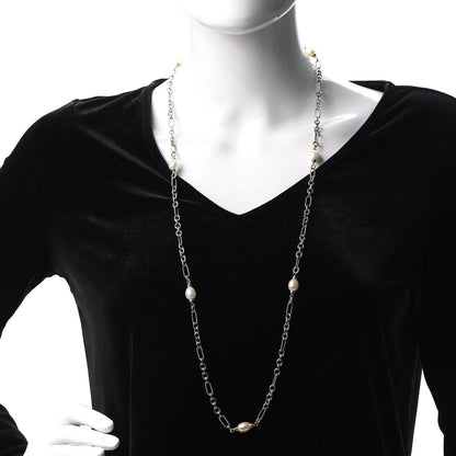 David Yurman Sterling Silver 18K Yellow Gold Baroque Pearl Long Figaro Chain Necklace 2 of 4