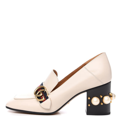 Gucci Betis Glamour Calfskin Web Pearl Embellished Peyton 75mm Loafer Pumps 39.5 Mystic White 1 of 9
