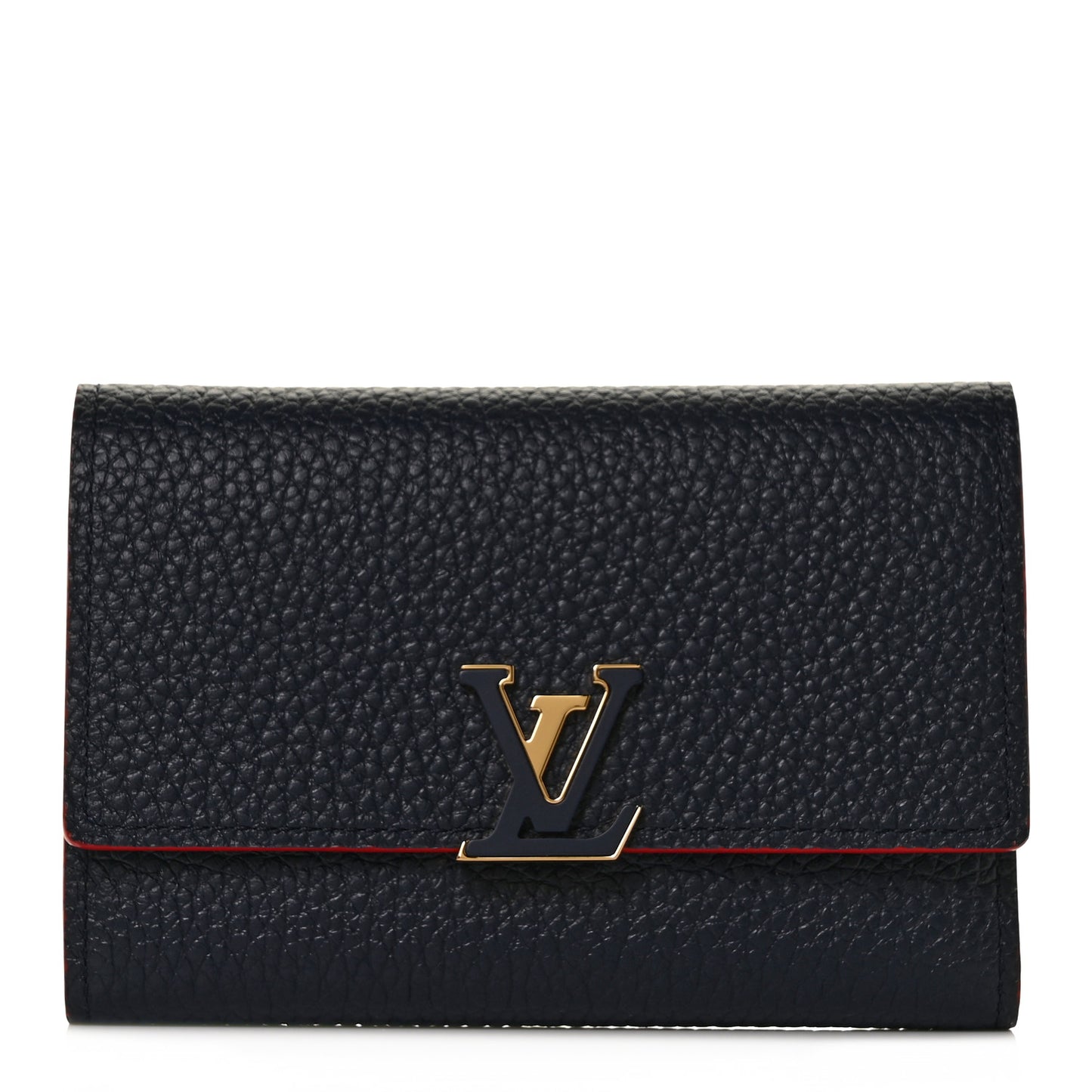 Taurillon Capucines Compact Wallet Marine Rouge