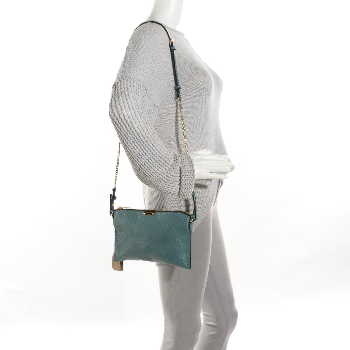 Signature Grain Calfskin Check Embossed Peyton Crossbody Clutch Bag Celadon Blue