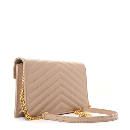 Saint Laurent Grain De Poudre Matelasse Chevron Monogram Envelope Chain Wallet Dark Beige 3 of 11