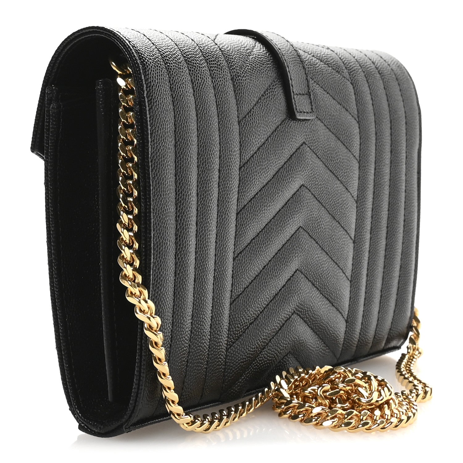 Saint Laurent Grain De Poudre Mixed Matelasse Triquilt Monogram Chain Wallet Black 3 of 10