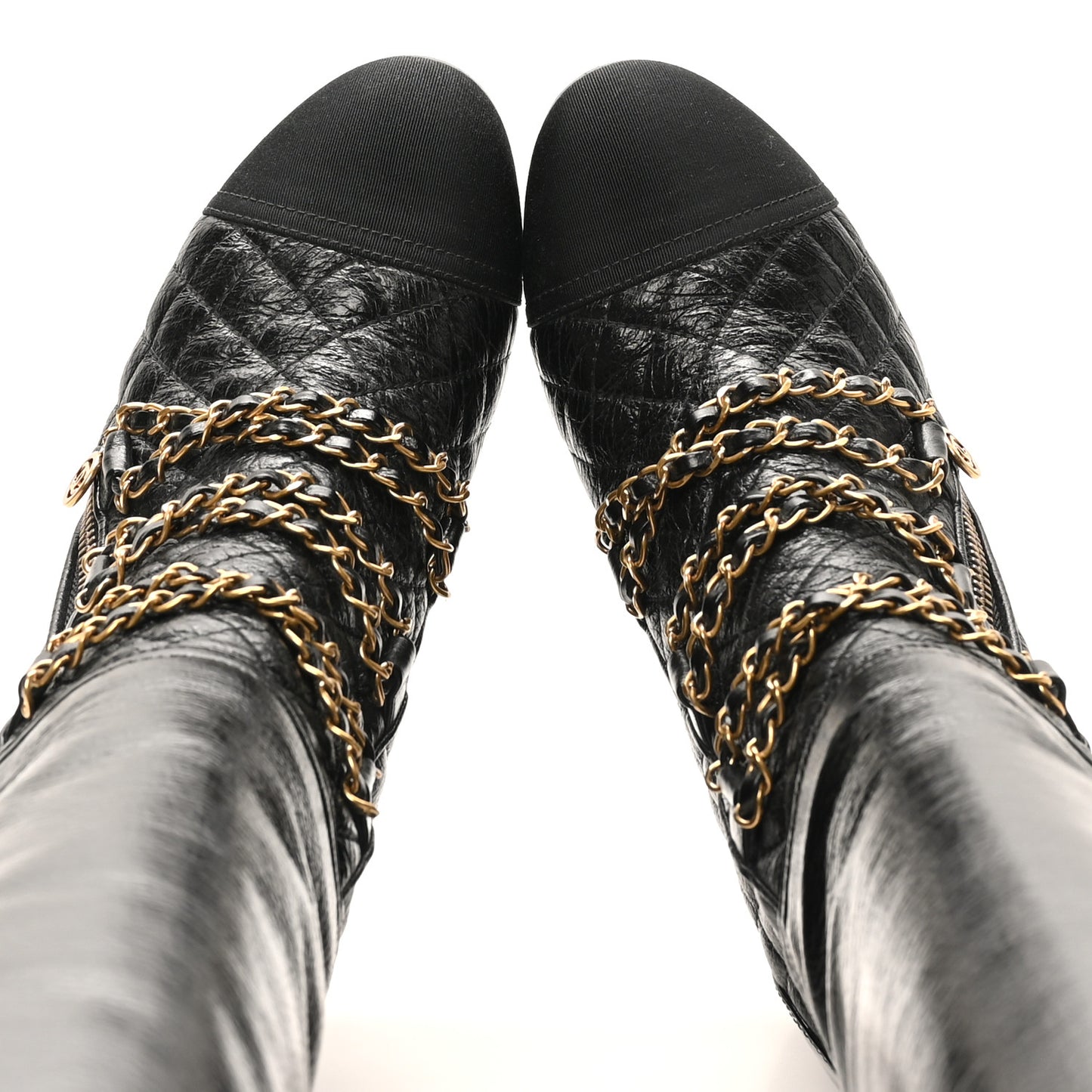 Lambskin Grosgrain Patent Chained High Boots 38 Black