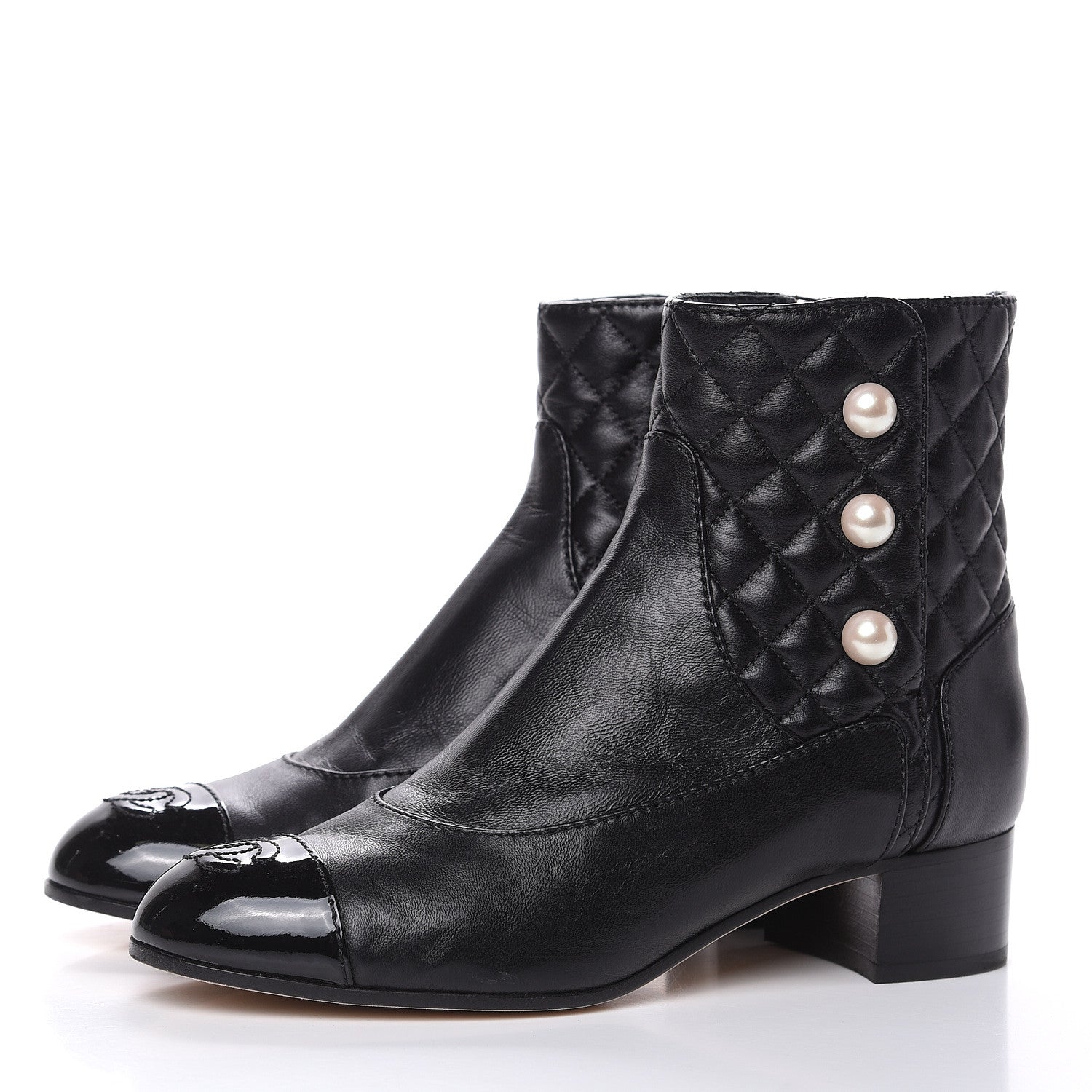 Chanel Lambskin Patent Calfskin Quilted Pearl Cap Toe Boots 36.5 Black 3 of 12