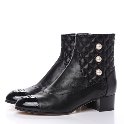 Chanel Lambskin Patent Calfskin Quilted Pearl Cap Toe Boots 36.5 Black 3 of 12