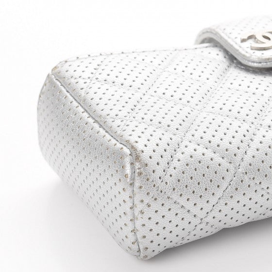 Perforated Lambskin Quilted Mini Phone Holder Clutch Silver