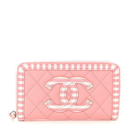 Chanel Caviar Quilted Medium Stripe Filigree Zip Around Wallet Pink White 1 of 9