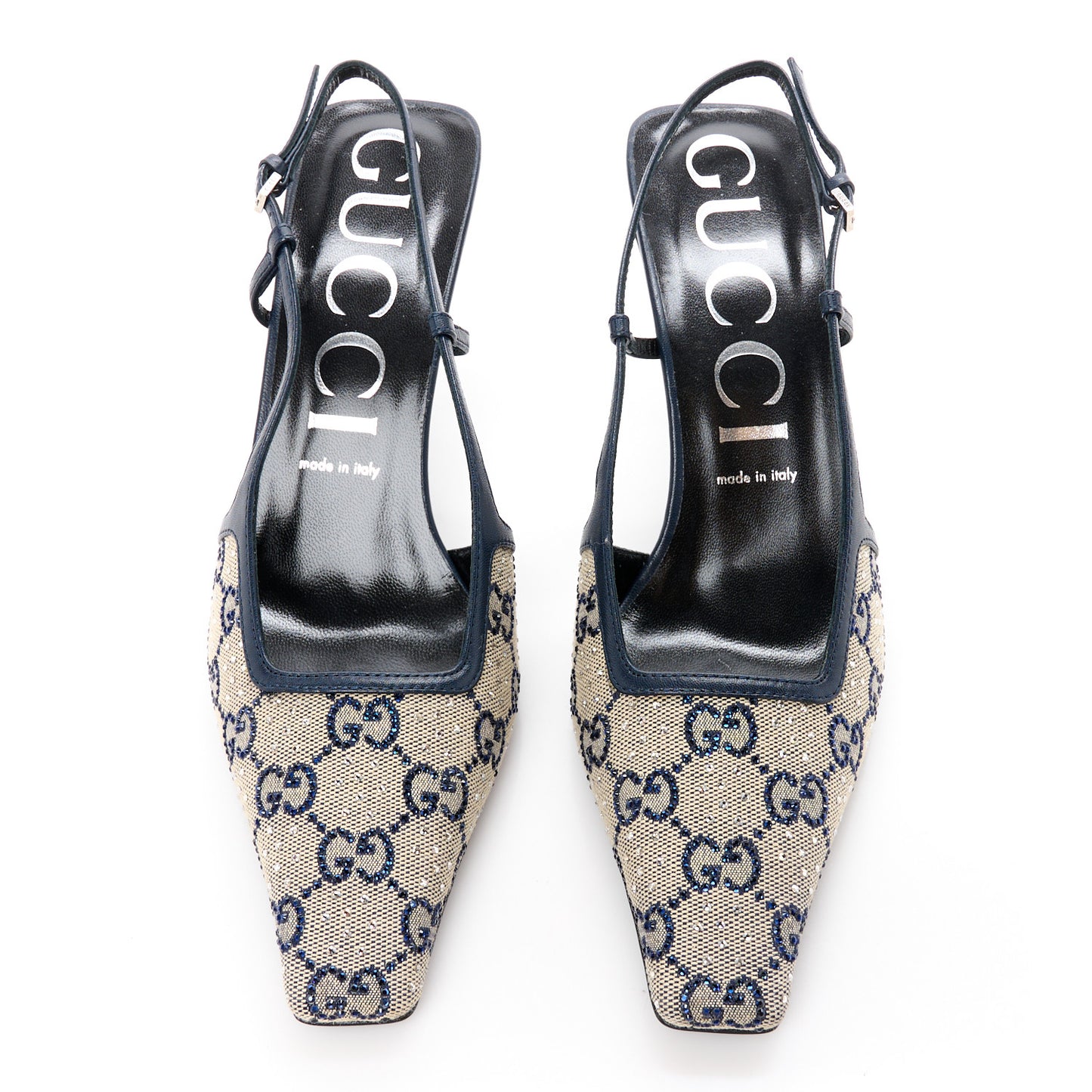 GG Monogram Malaga Kid Crystal Square G 75mm Slingback Pumps 40 Beige Blue