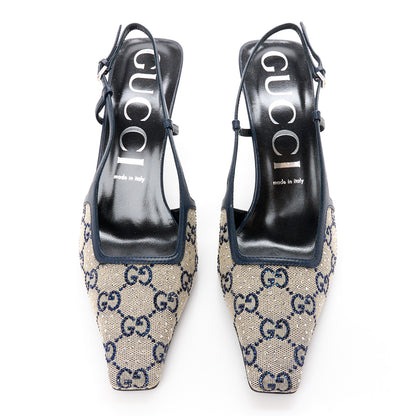 Gucci GG Monogram Malaga Kid Crystal Square G 75mm Slingback Pumps 40 Beige Blue 2 of 12