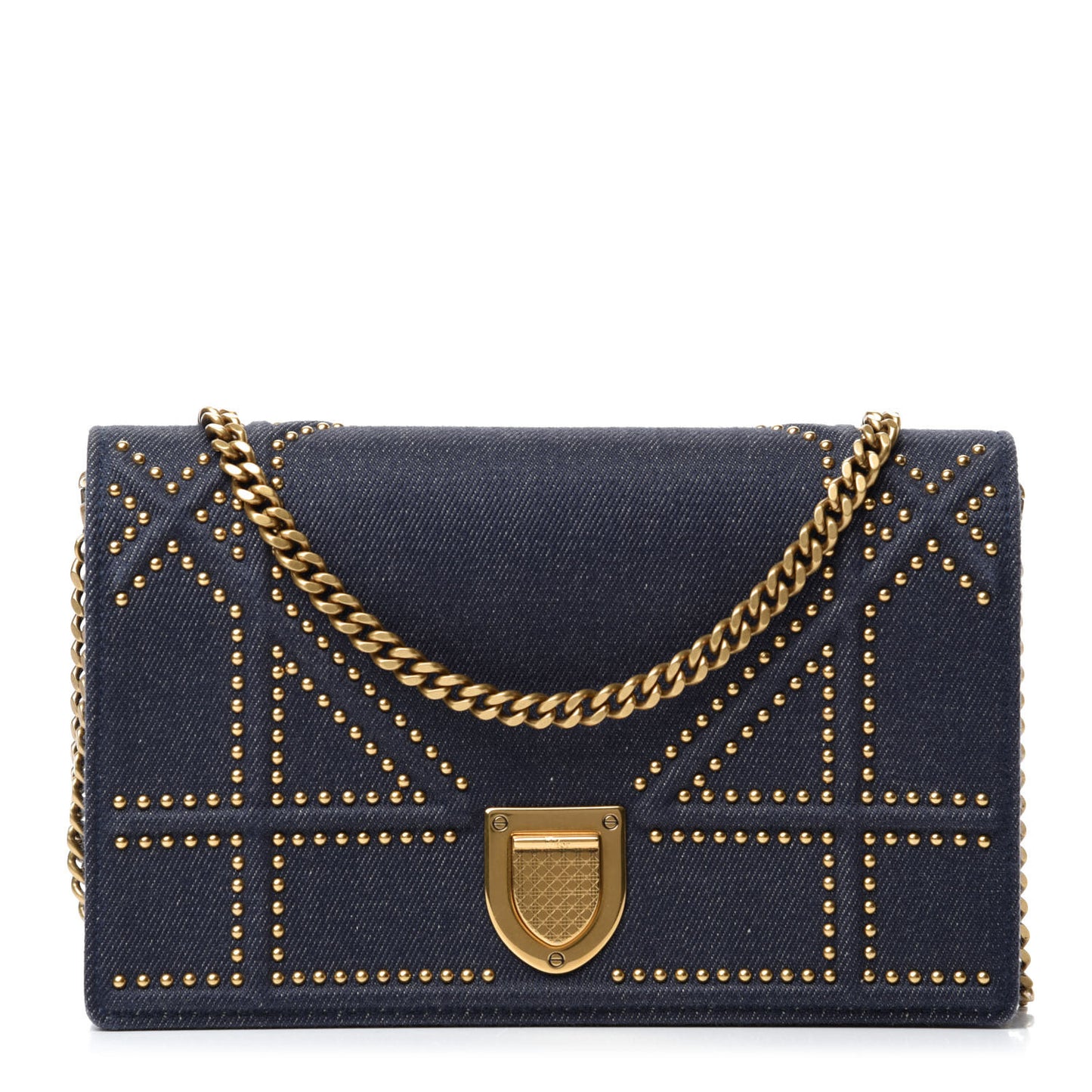 Denim Studded Diorama Wallet on Chain Pouch Blue