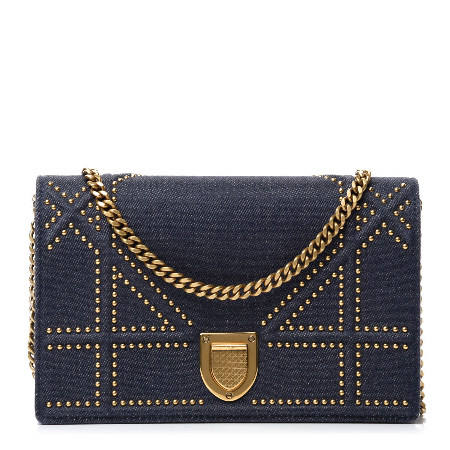 Christian Dior Denim Studded Diorama Wallet on Chain Pouch Blue 1 of 10