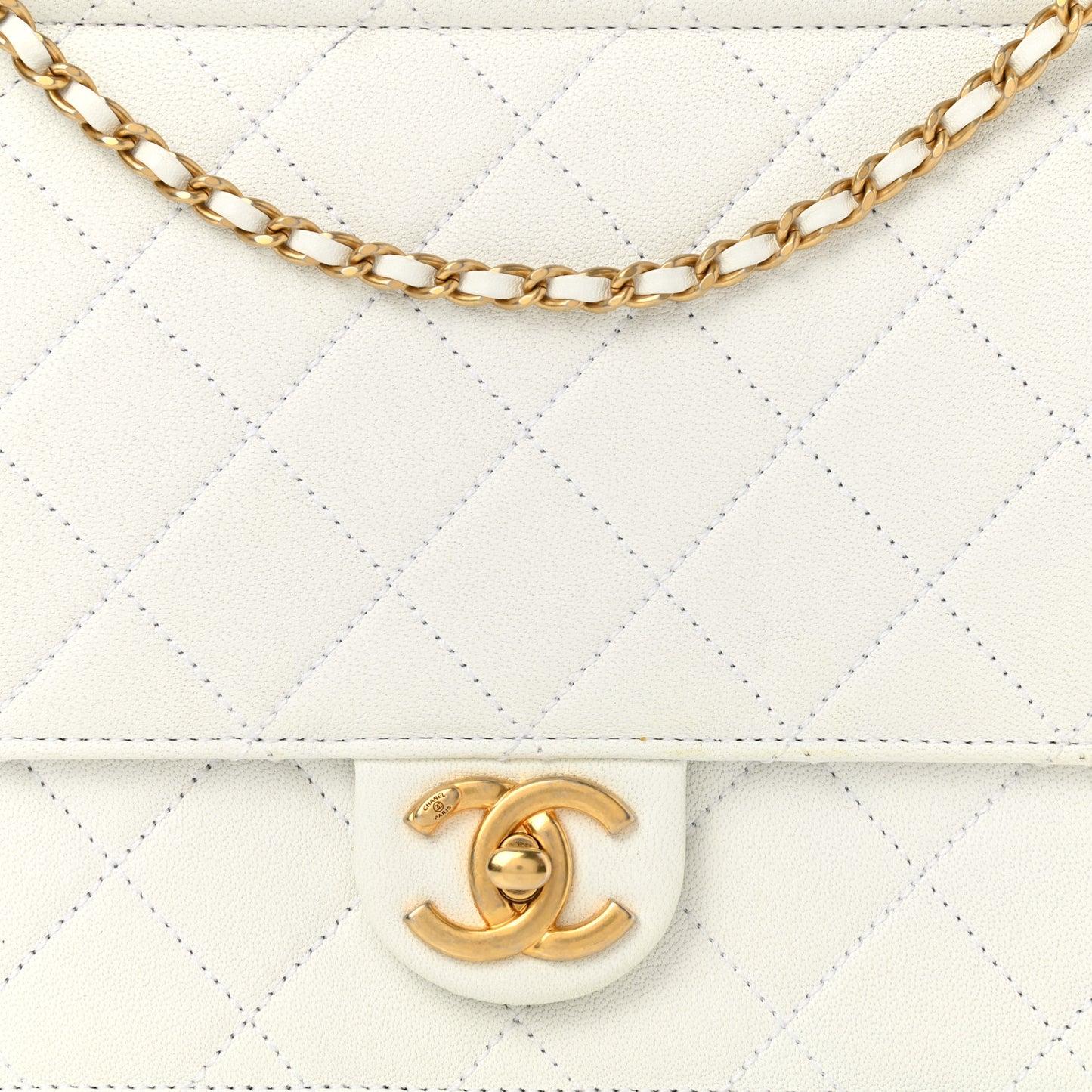 Lambskin Quilted Large Pearl Chain Flap Bag White