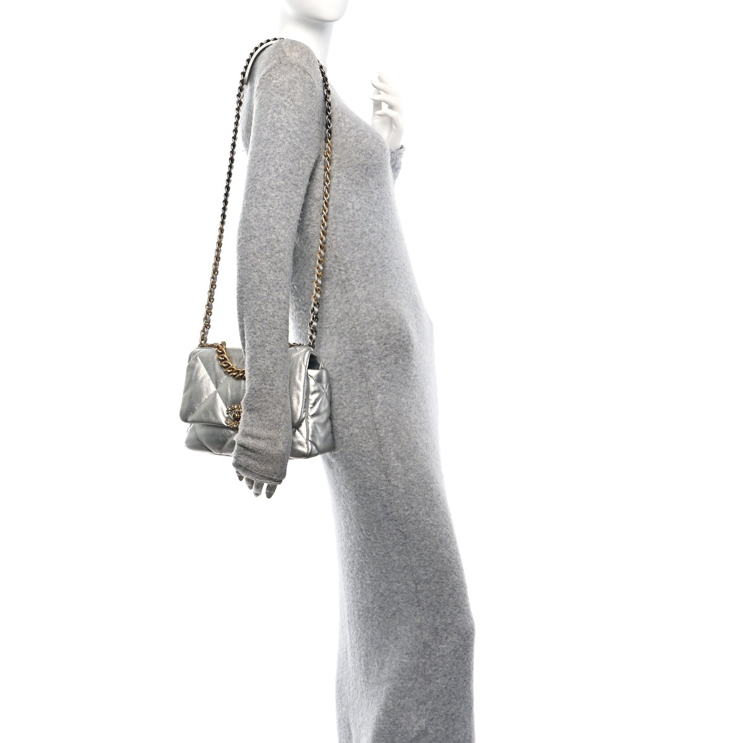 Metallic Lambskin Quilted Medium Chanel 19 Flap Silver