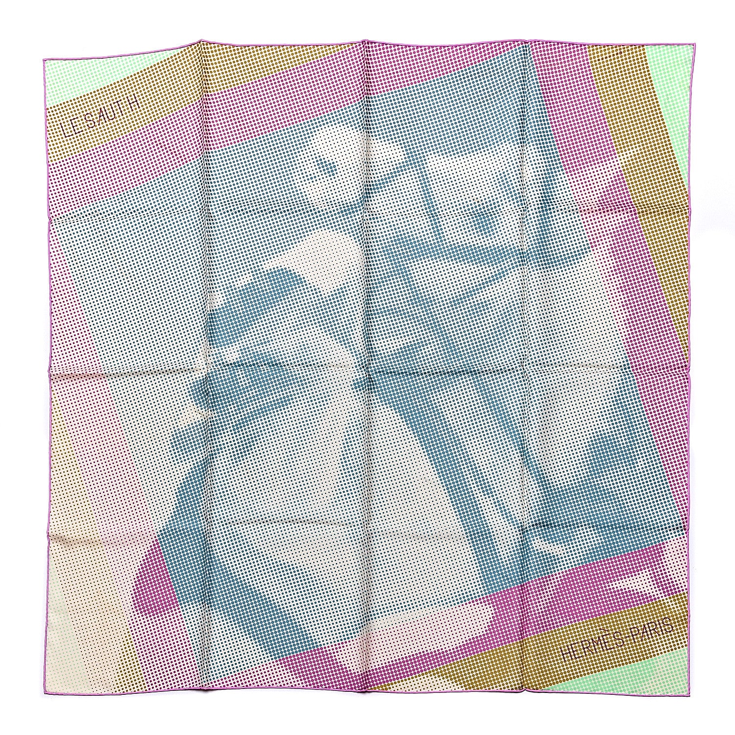 Hermes Silk Le Saut H Scarf 90 Bleu Gris Rose Vert 1 of 4