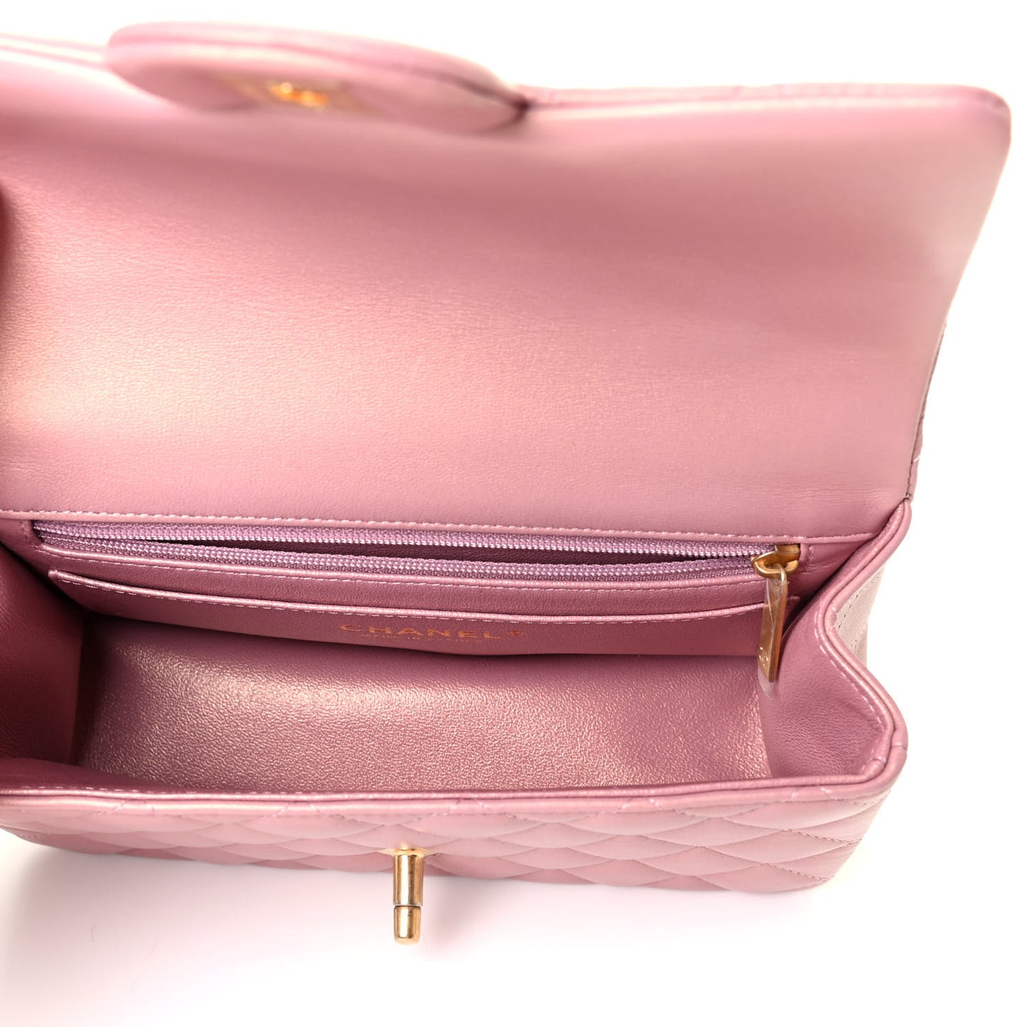Iridescent Lambskin Quilted Mini Top Handle Rectangular Flap Pink