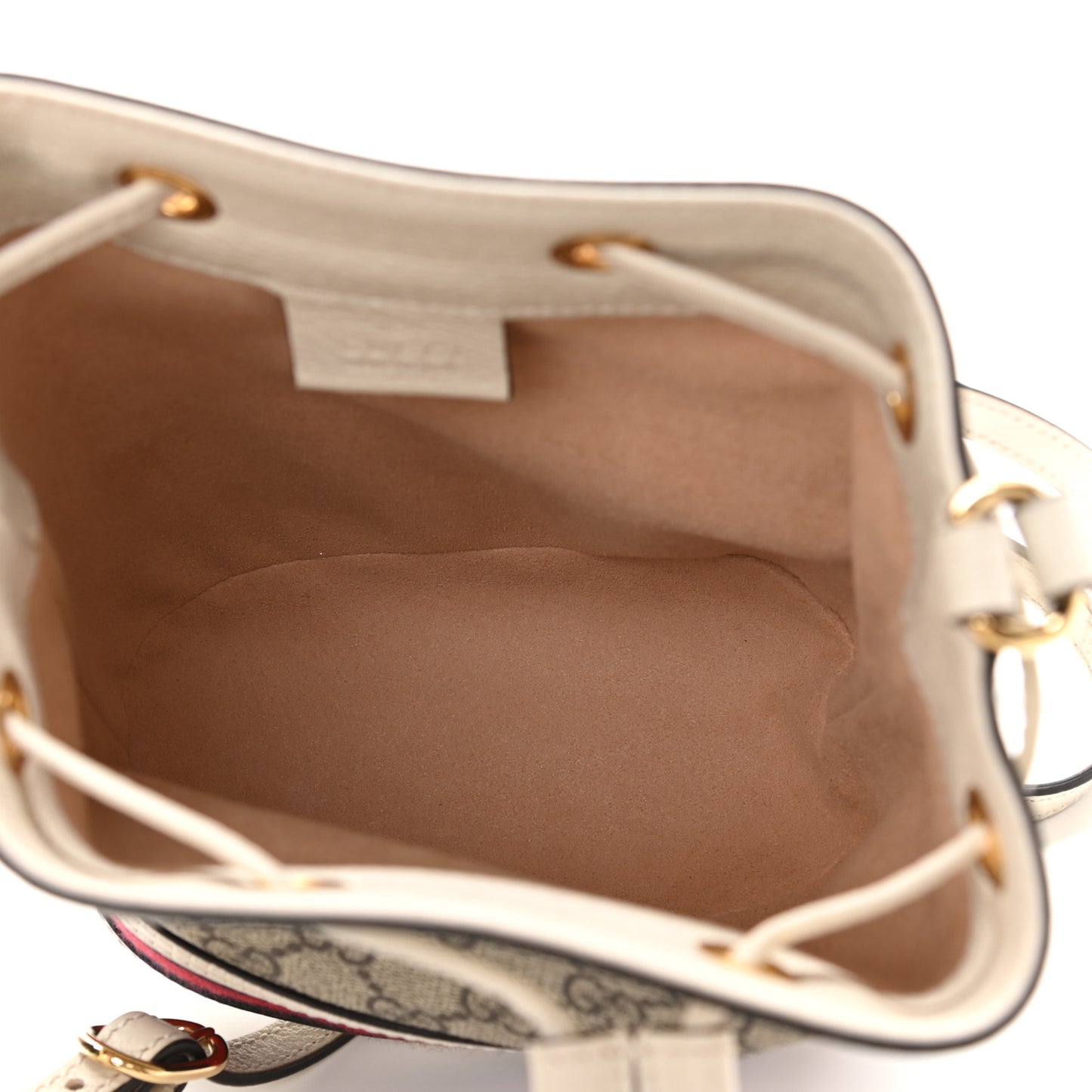 GG Supreme Monogram Textured Calfskin Web Mini Ophidia Bucket Bag Beige Ebony Mystic White