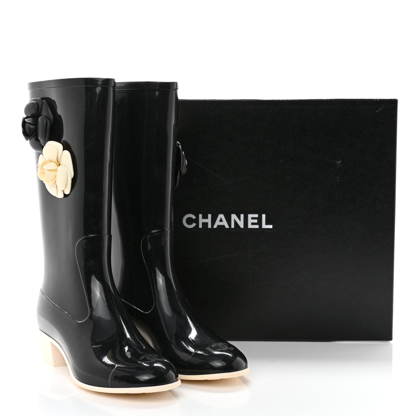 Rubber Camellia Rain Boots 40 Black