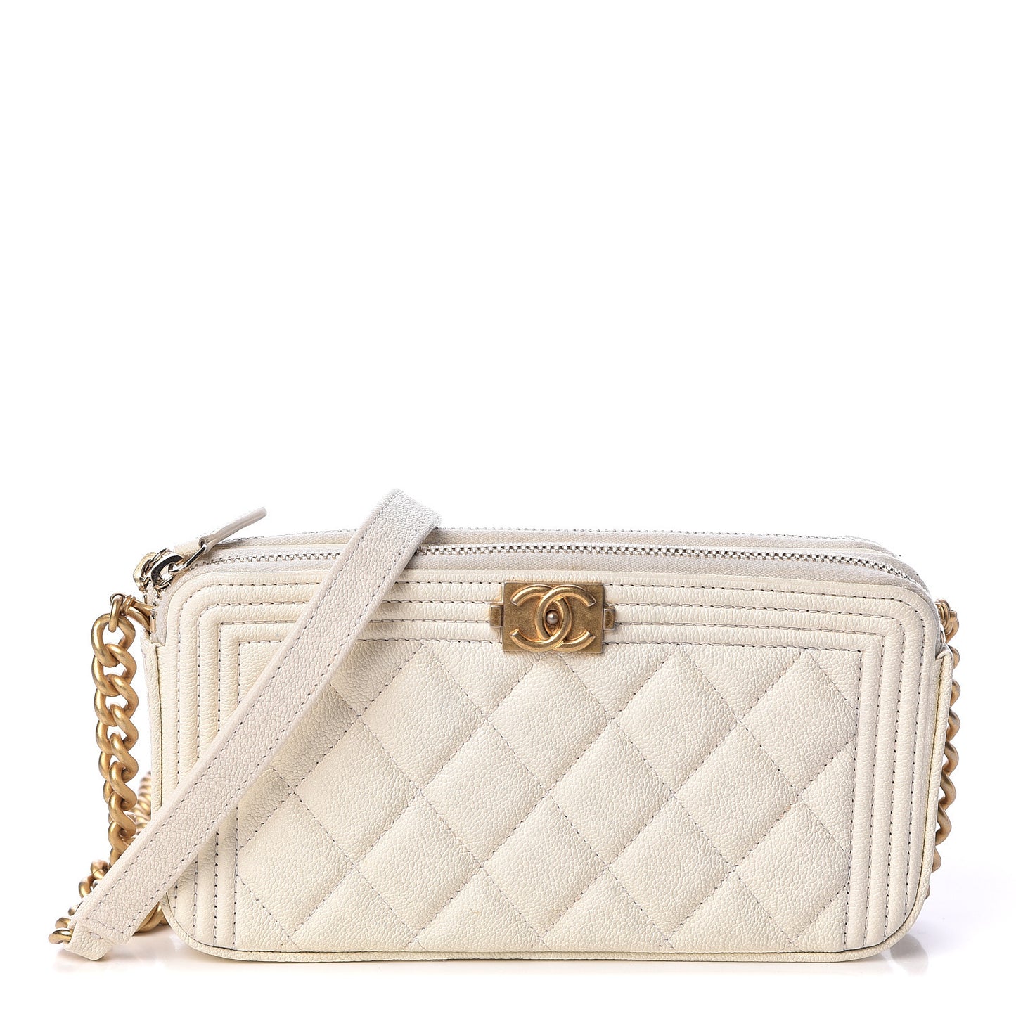Caviar Quilted Small Boy Clutch With Chain White