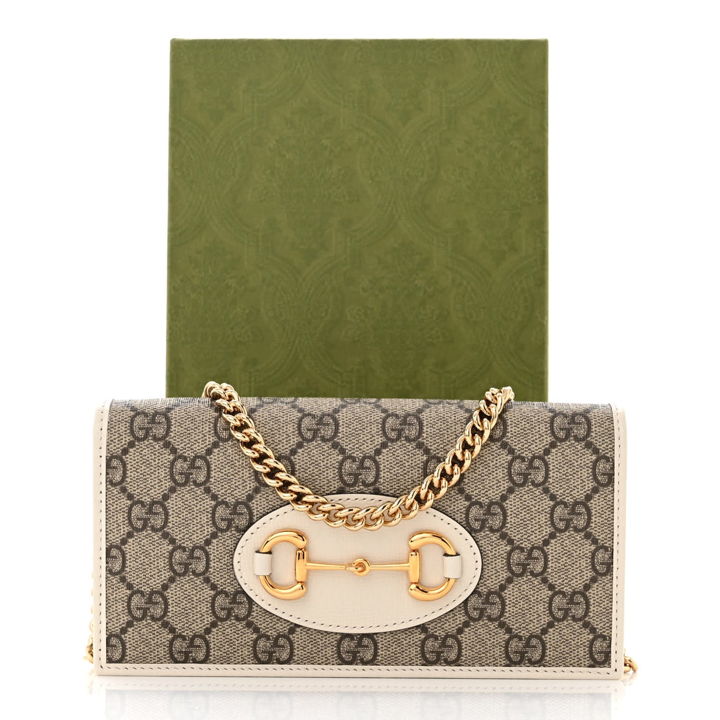 GG Supreme Monogram Azalea Calfskin Horsebit 1955 Wallet On Chain Beige Ebony Mystic White
