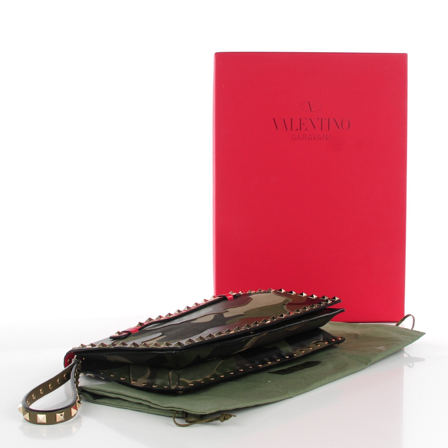 Valentino Garavani Nappa Canvas Camouflage Rockstud Wristlet Clutch Verde Rouge 4 of 7