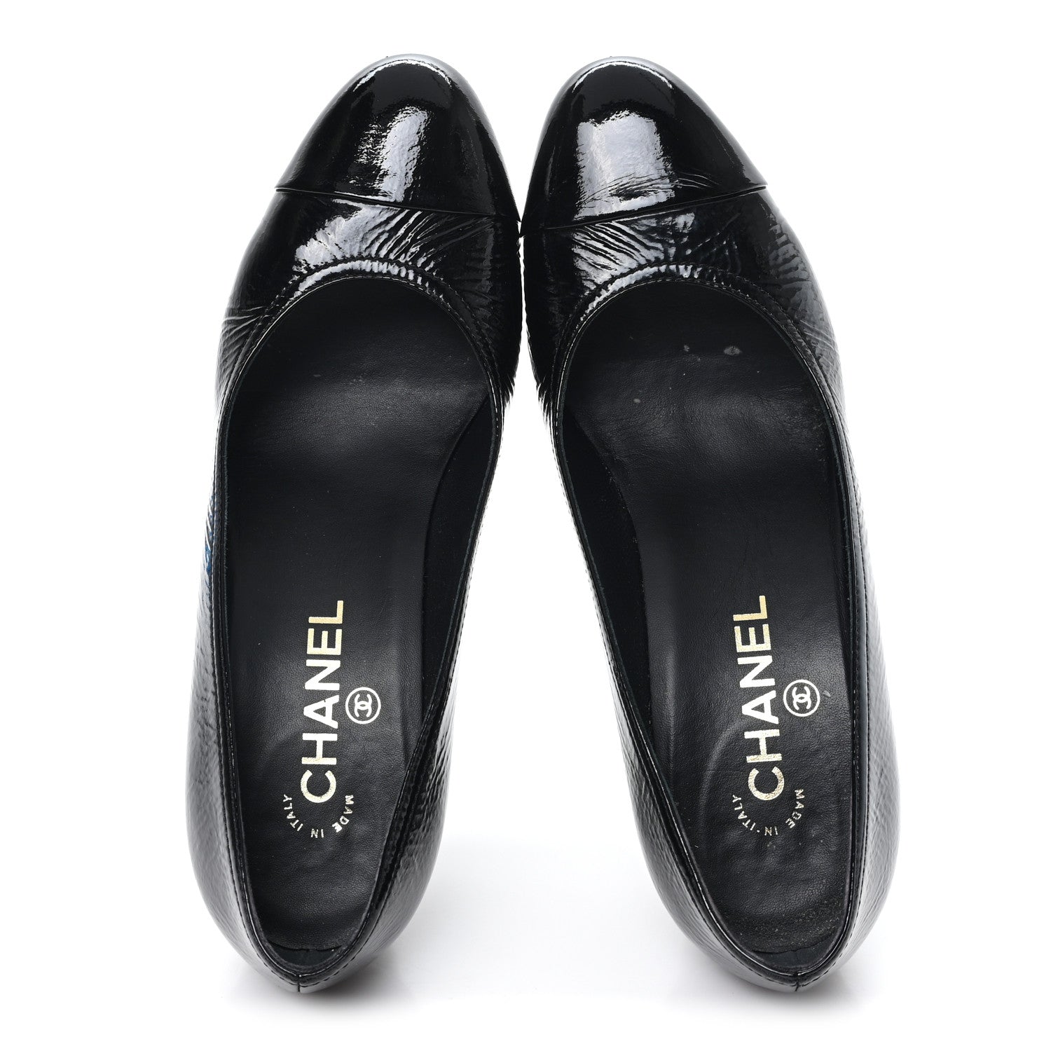 Chanel Crumpled Goatskin Patent Calfskin Crystal Cap Toe Logo Pumps 39 Black 2 of 10