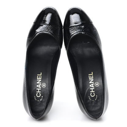 Chanel Crumpled Goatskin Patent Calfskin Crystal Cap Toe Logo Pumps 39 Black 2 of 10