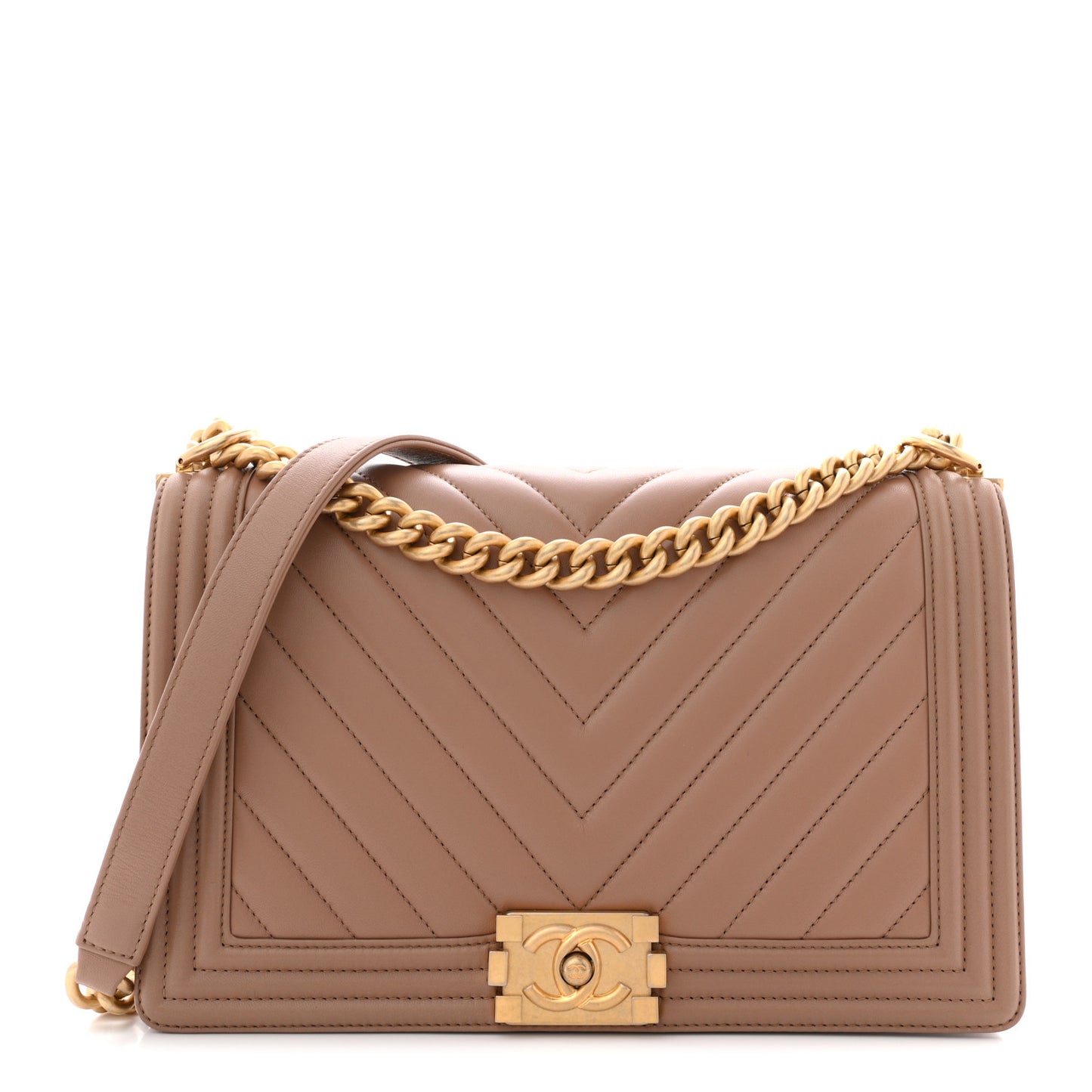 Calfskin Chevron Quilted New Medium Boy Flap Beige