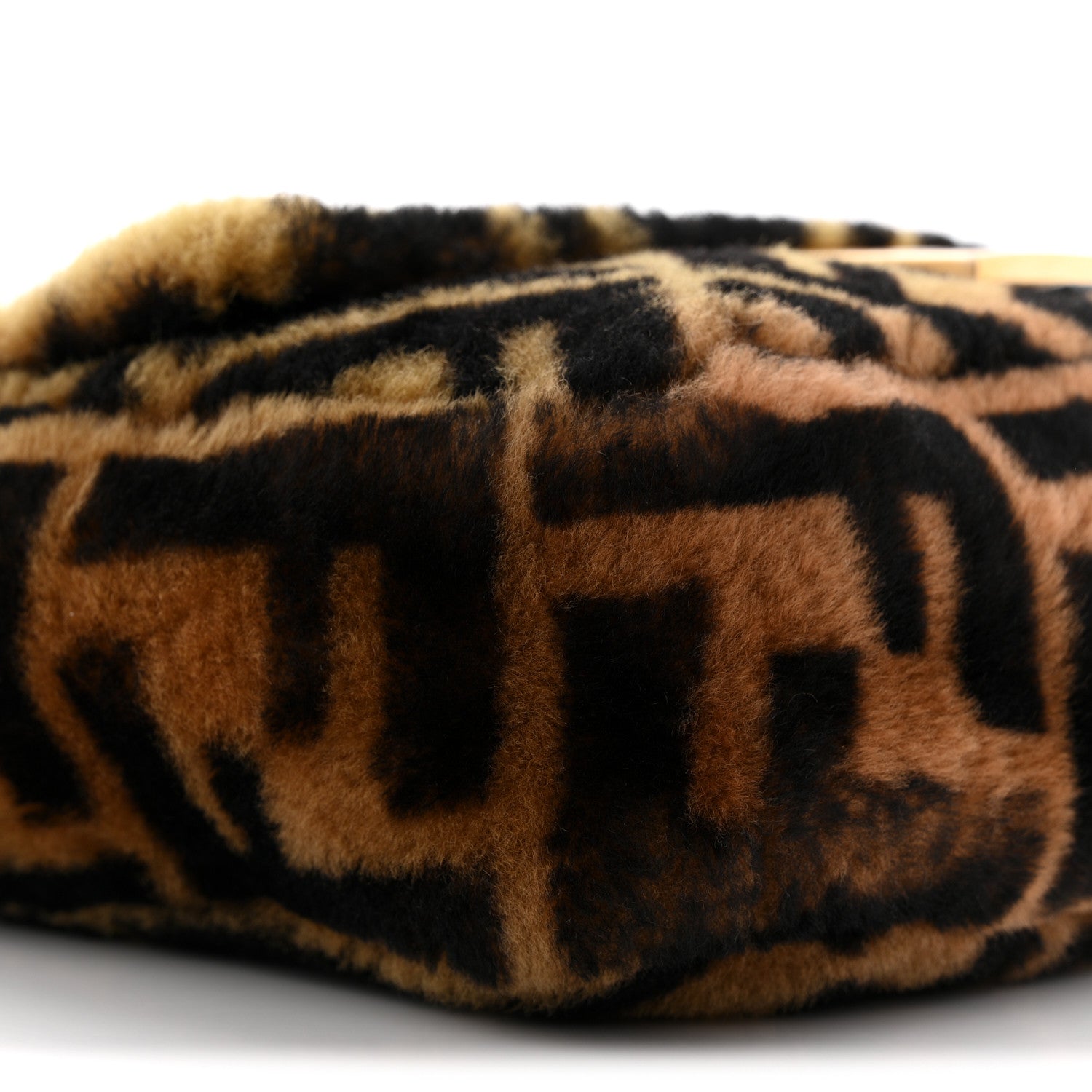 Fendi Shearling Vitello Dolce Macro FF 1974 Baguette Tobacco Black