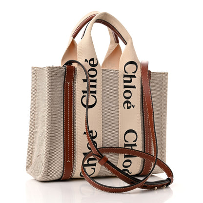 Chloe Cotton Calfskin Small Woody Ribbon Tote With Strap White Brown 3 of 10