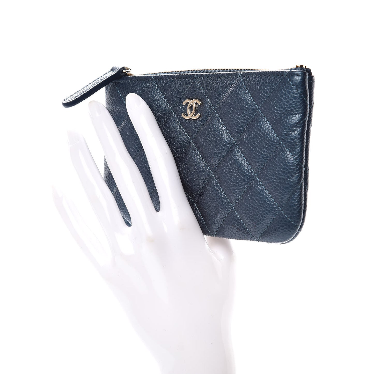 Metallic Caviar Quilted Small Cosmetic Case Dark Blue