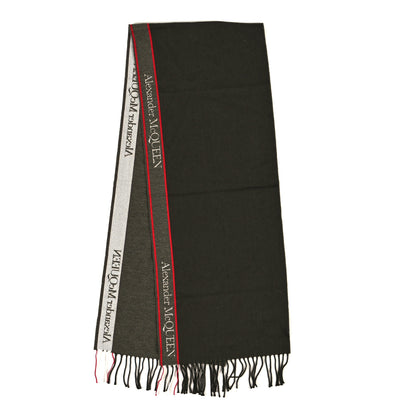 Alexander McQueen Wool Cashmere Selvedge Fringe Scarf Green Red 2 of 3