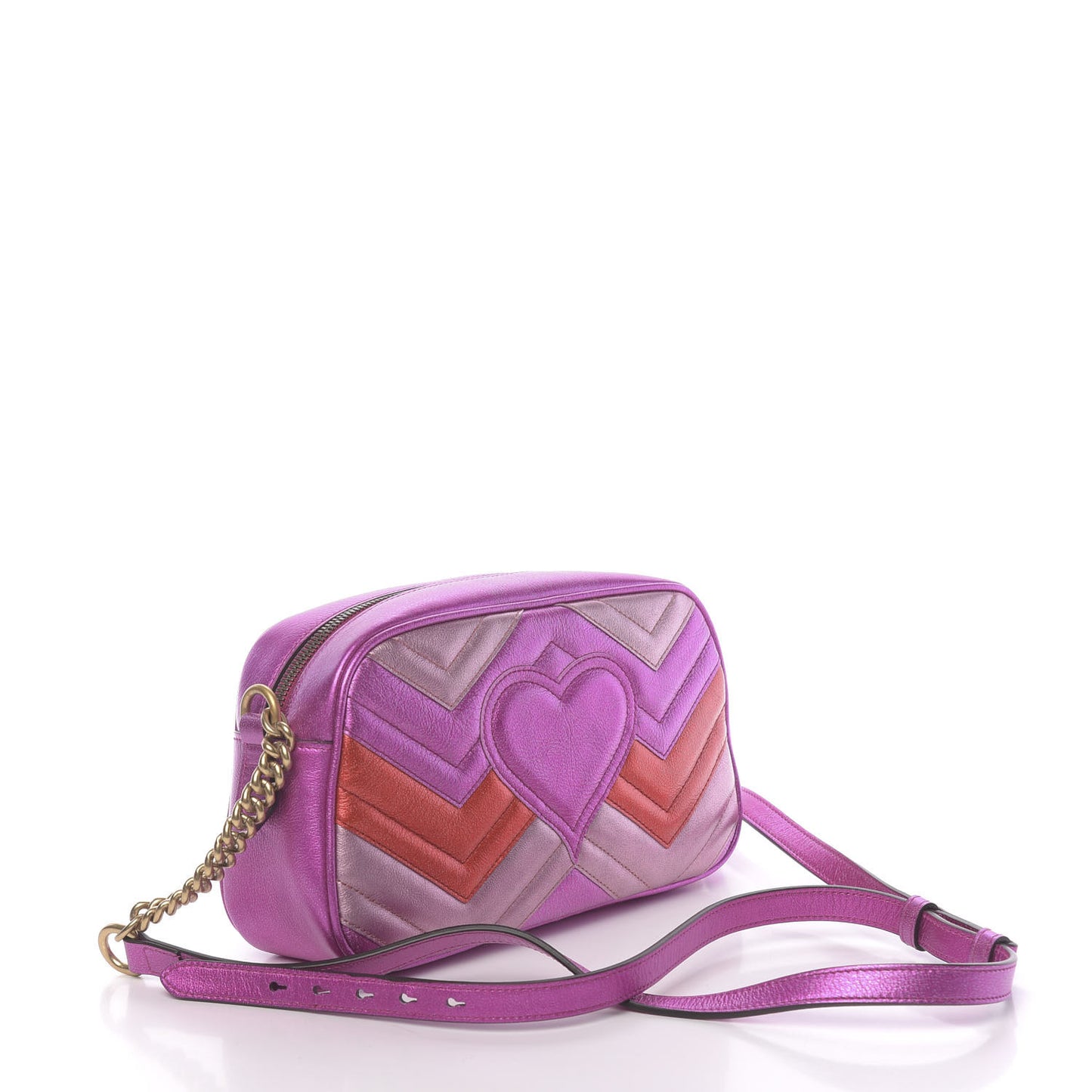 Laminated Nappa Matelasse Small GG Marmont Chain Shoulder Bag Fuxia Rosso Rosa
