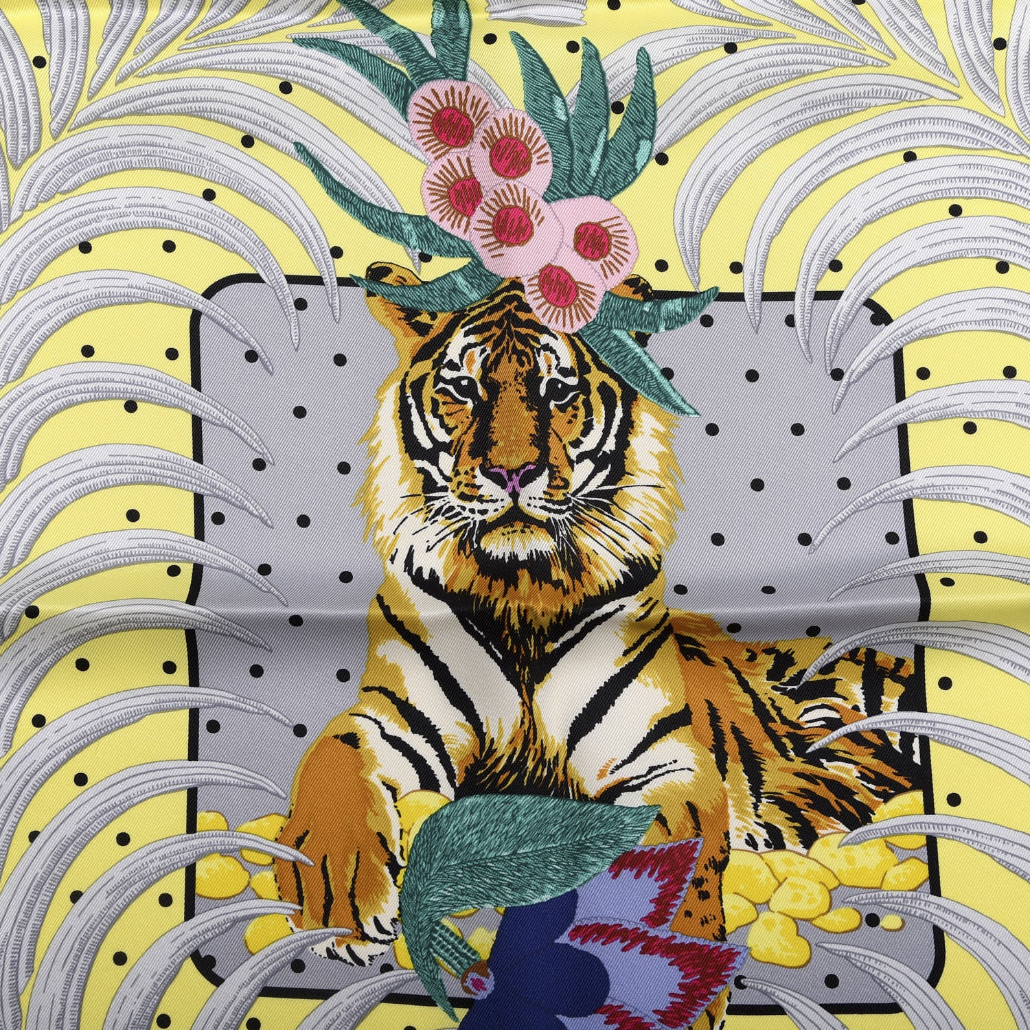 Hermes Silk Tiger Royal Fleuri Scarf 70 Gris Perle Jaune Soufre Gris 2 of 4