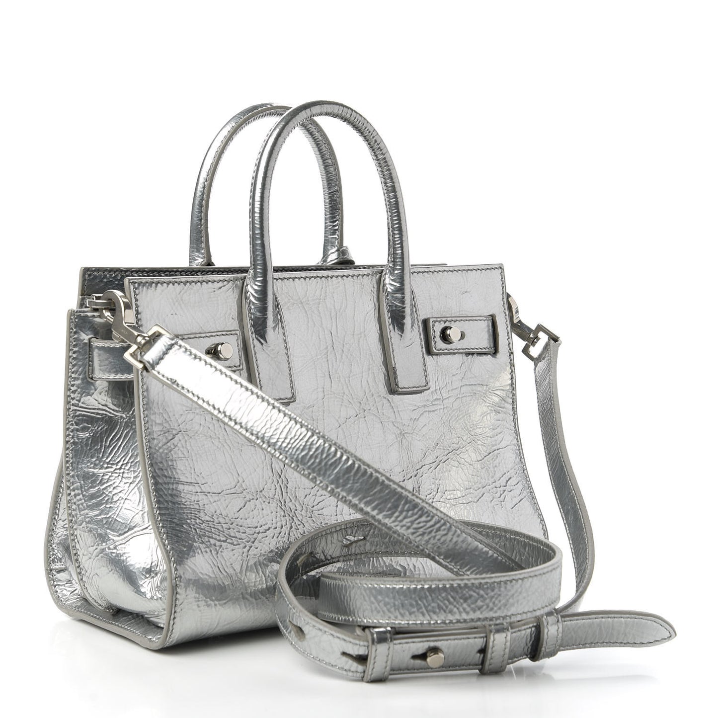Metallic Crinkled Calfskin Nano Supple Sac De Jour Silver