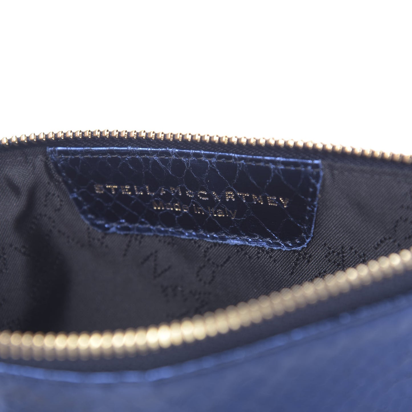 Metallic Faux Snakeskin Falabella Clutch Blue