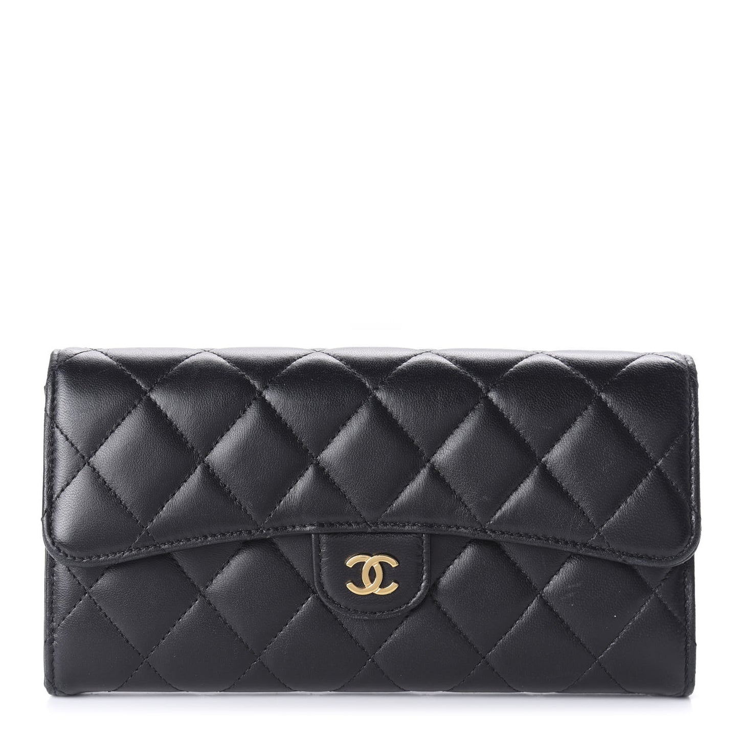 Lambskin Quilted Large Gusset Flap Wallet Black