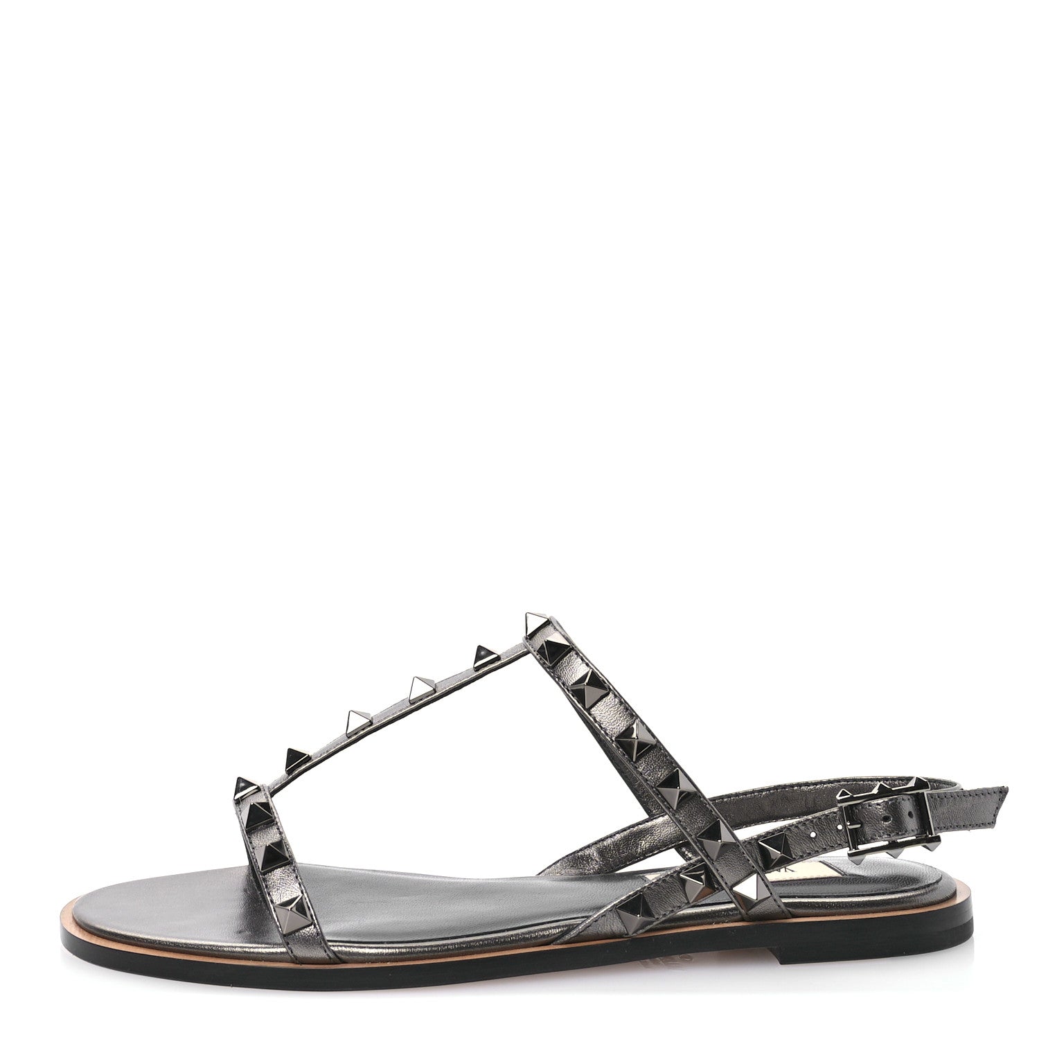Valentino Garavani Metallic Nappa Rockstud T-Strap Slingback Flat Sandals 36 Rutenio 1 of 9