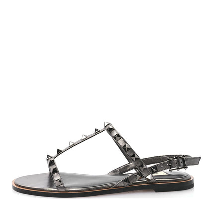 Valentino Garavani Metallic Nappa Rockstud T-Strap Slingback Flat Sandals 36 Rutenio 1 of 9