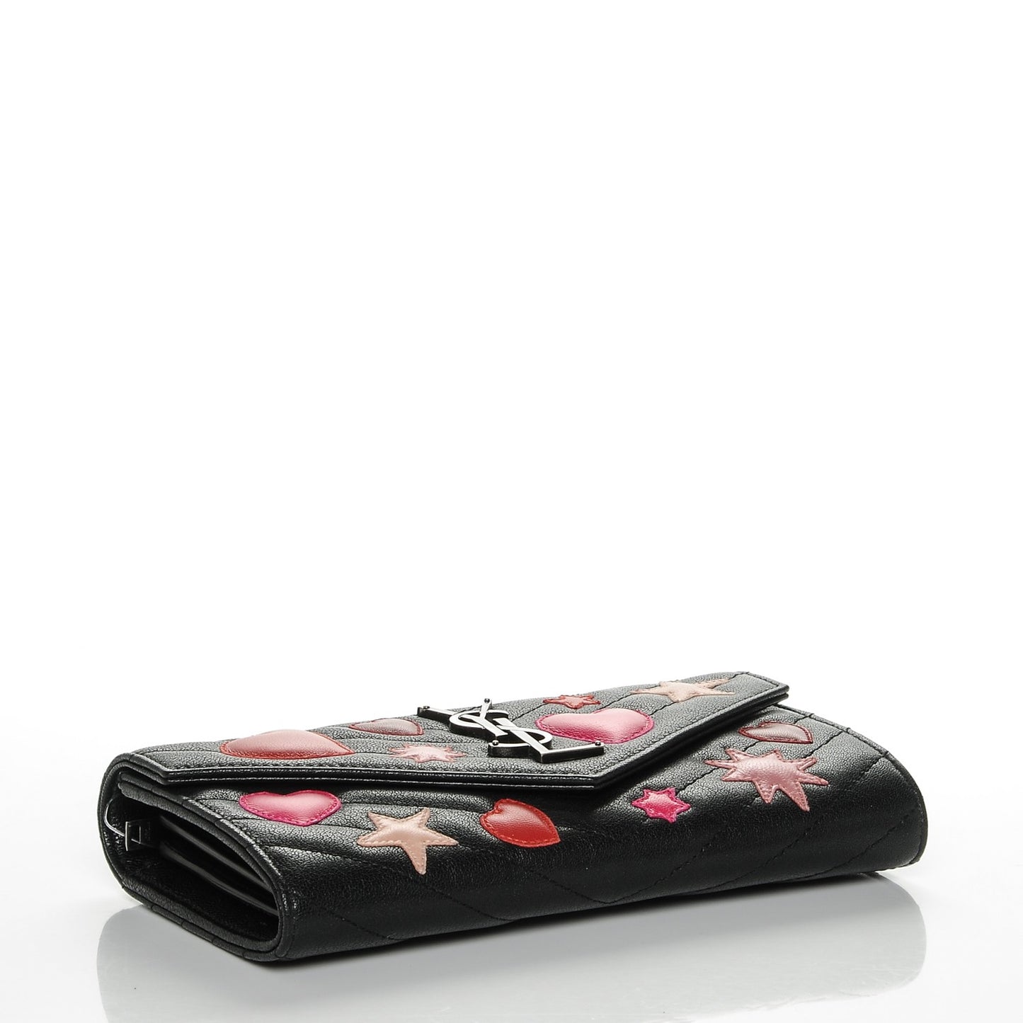 Calfskin Matelasse Chevron Heart Patchwork Monogram Wallet Black
