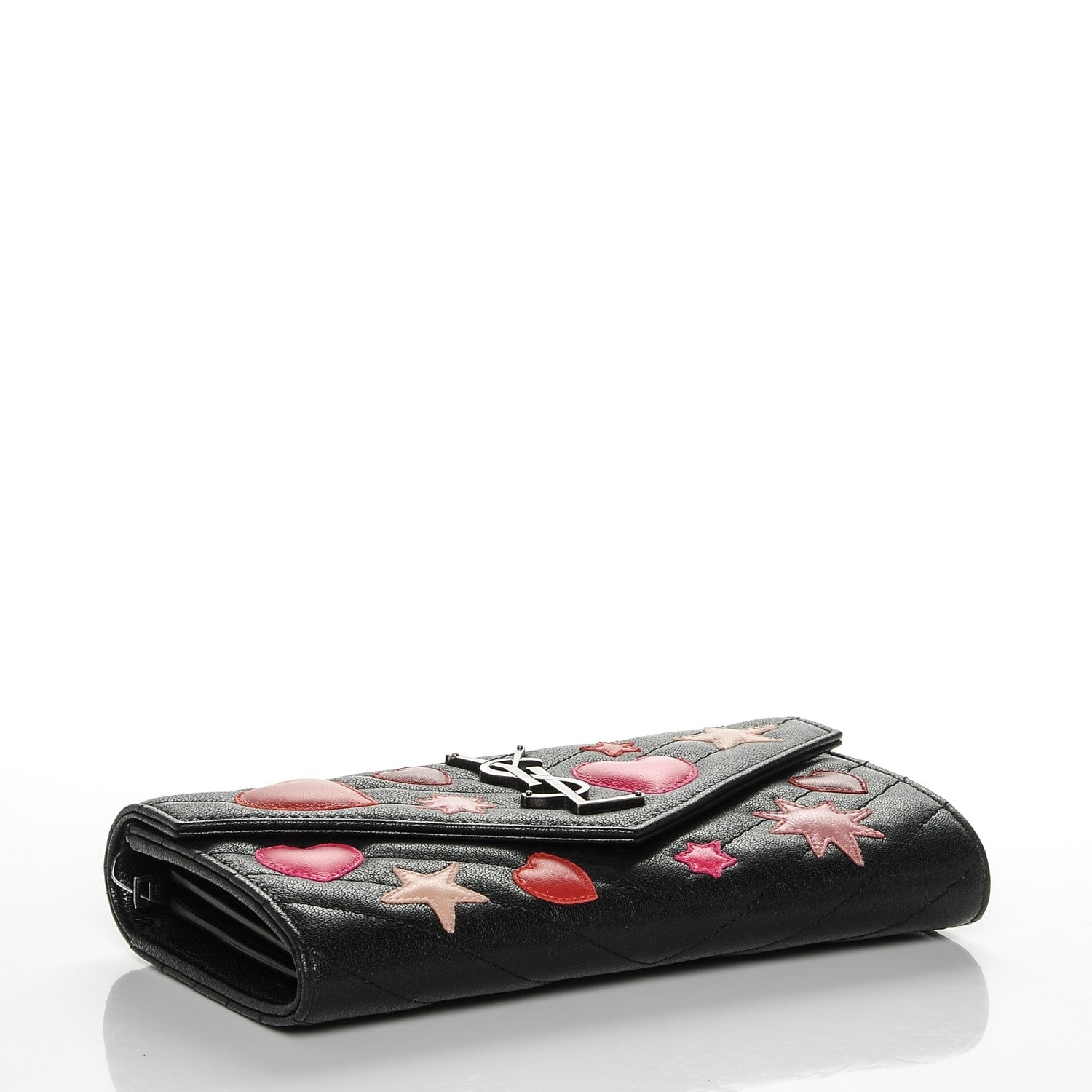 Saint Laurent Calfskin Matelasse Chevron Heart Patchwork Monogram Wallet Black 4 of 7