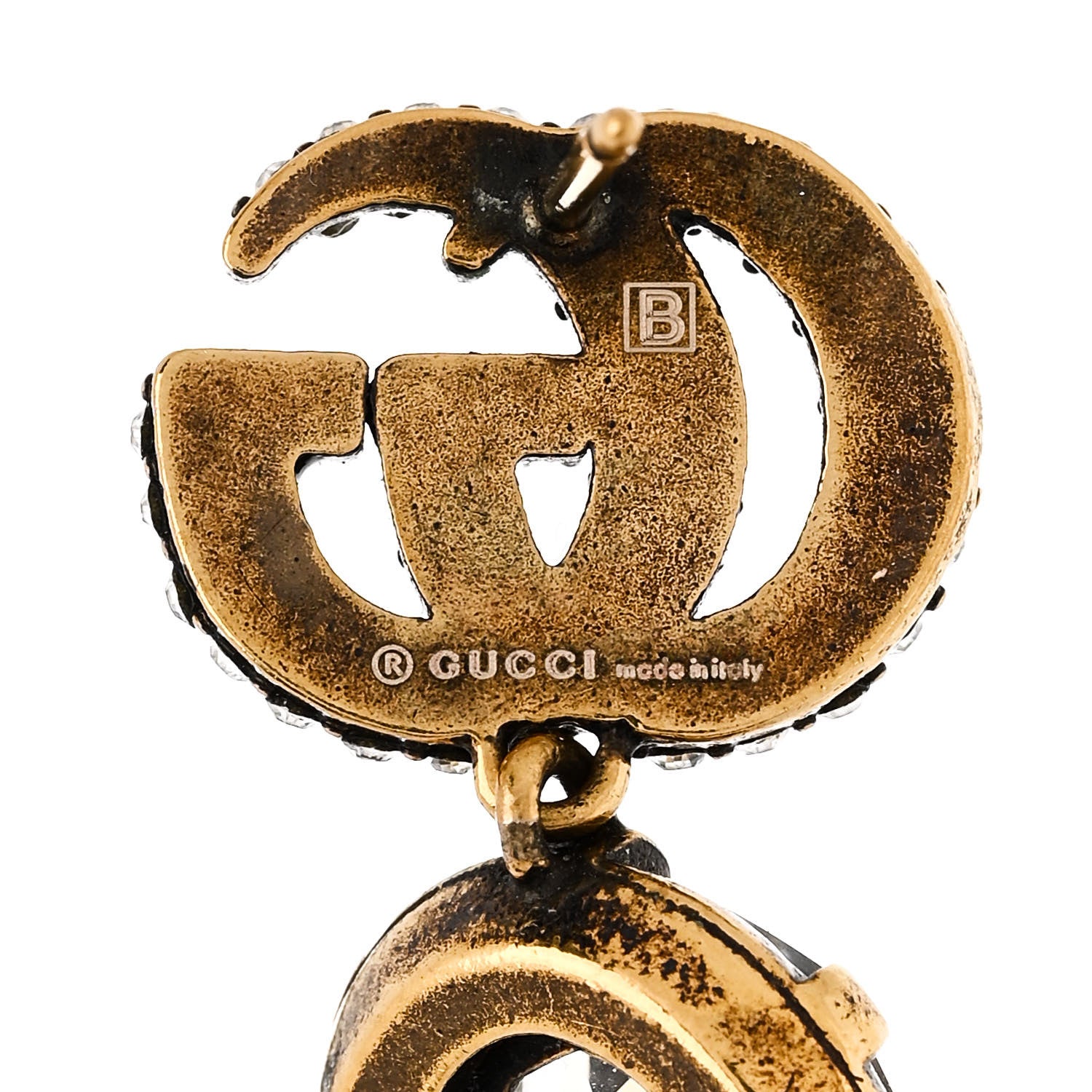 Gucci Metal Crystal Double G Drop Earrings Aged Gold 4 of 4