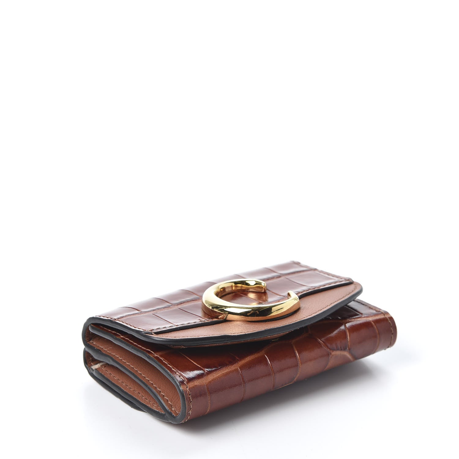 Chloe Crocodile Embossed Shiny Calfskin Small C Tri-Fold Wallet Chestnut Brown 3 of 10