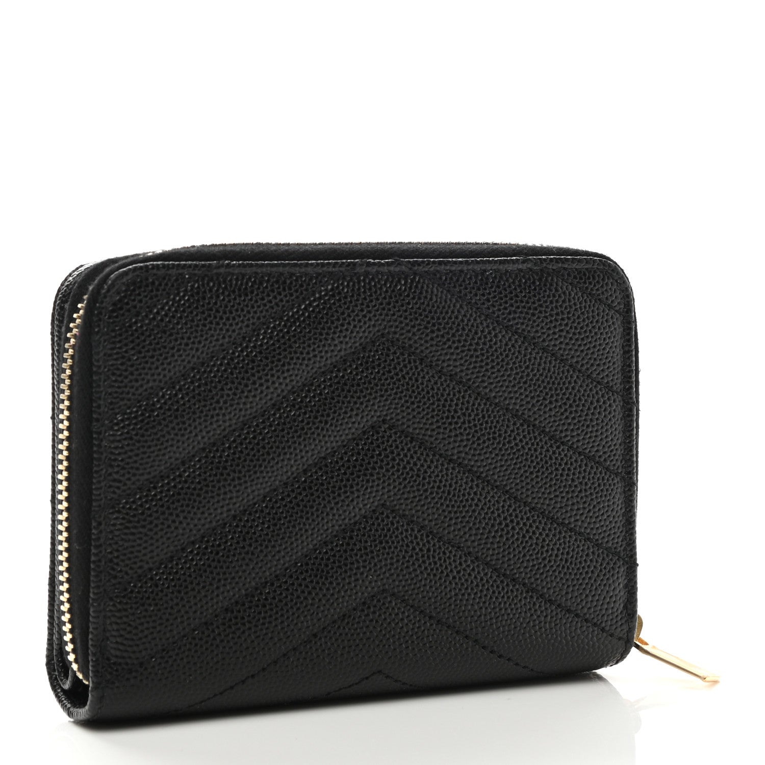 Saint Laurent Grain De Poudre Matelasse Chevron Monogram Compact Zip Around Wallet Black 2 of 8